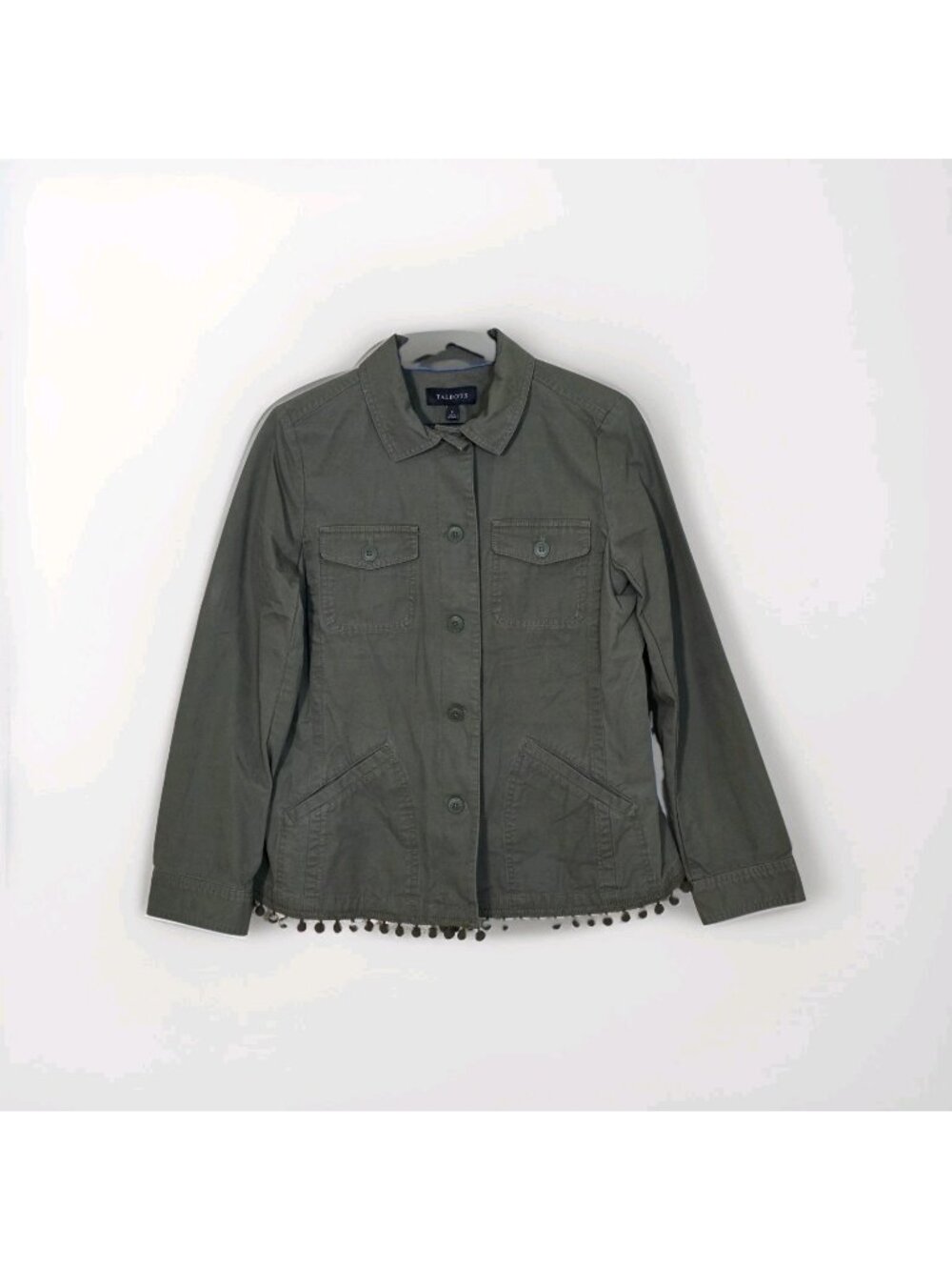 NWT Talbots Olive Green Utility Field Jacket Womens Size Small Pom Pom Hem